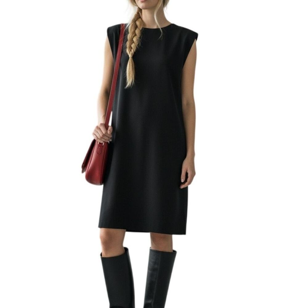 Zara Black Structured Shoulder Pad Sleeveless Shift Mini Dress Large